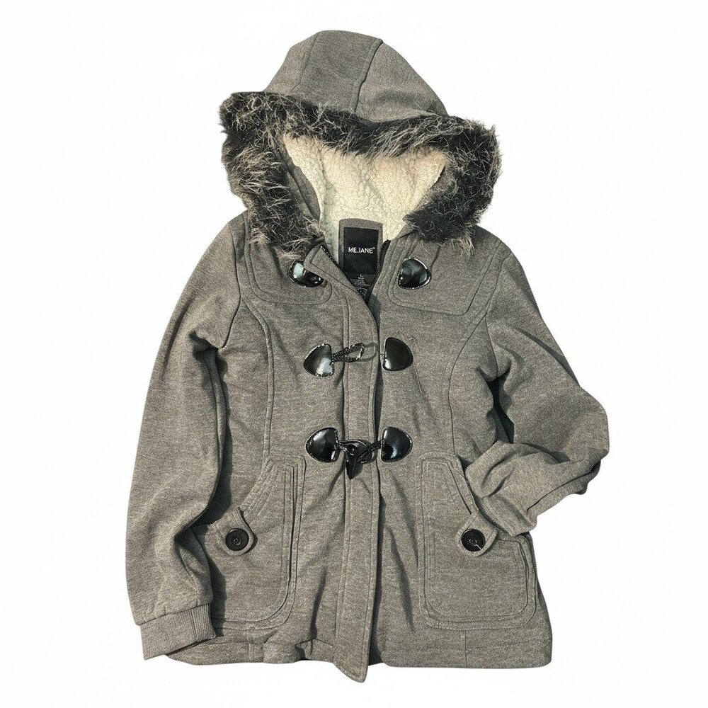 ME JANE Girls Gray Sherpa Lined Coat Faux Fur Hood Size L 14